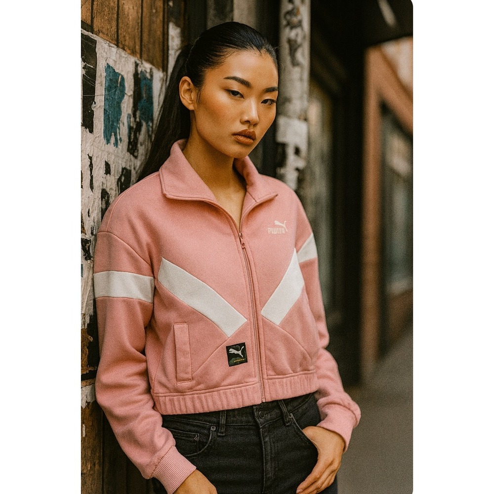 Puma International Track Jacket Full Zip Pink White Stripe streetwear Size S